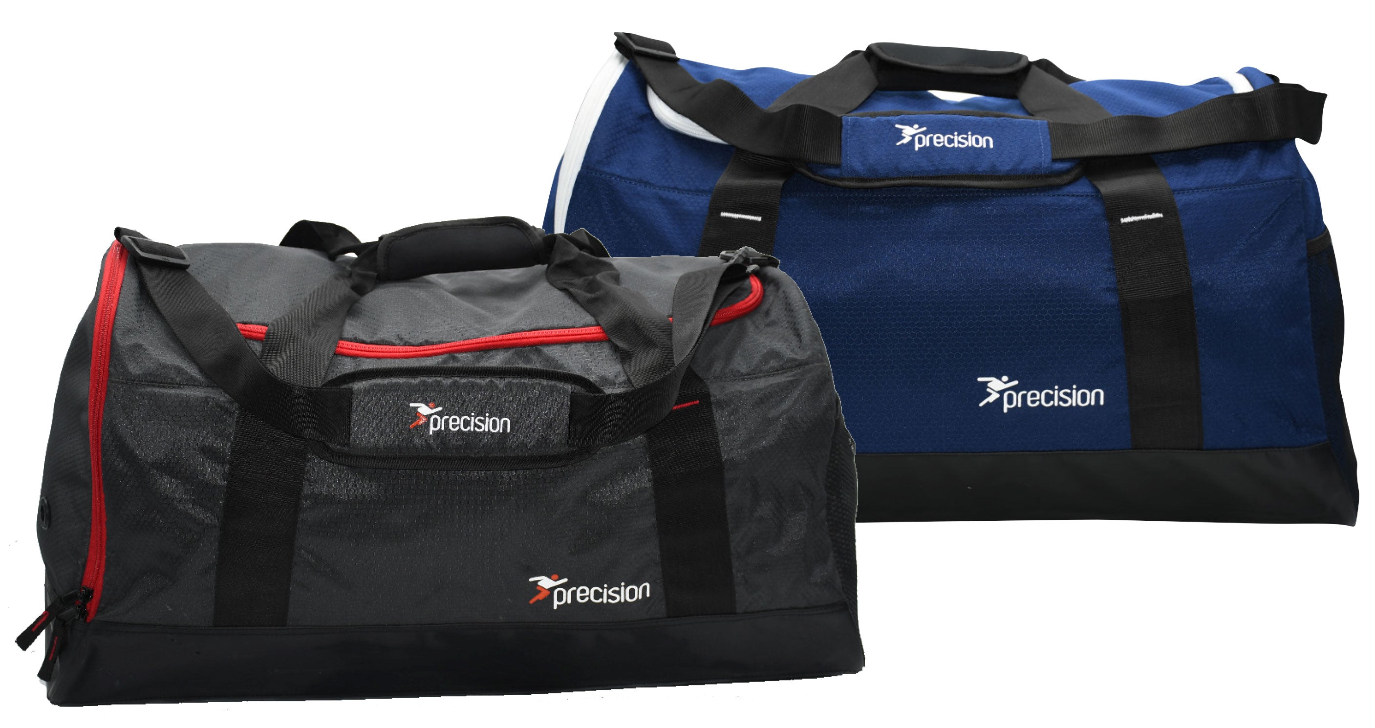 The Precision Training Pro HX Team Holdall Bag comes in black with red accents or blue with black accents, both featuring carrying handles and shoulder straps—ideal as spacious and durable sports bags.