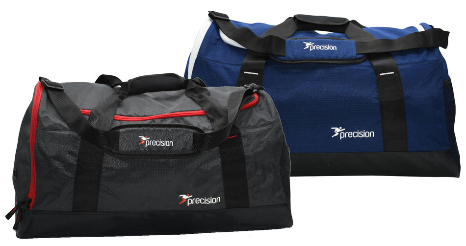 The Precision Training Pro HX Team Holdall Bag comes in black with red accents or blue with black accents, both featuring carrying handles and shoulder straps—ideal as spacious and durable sports bags.