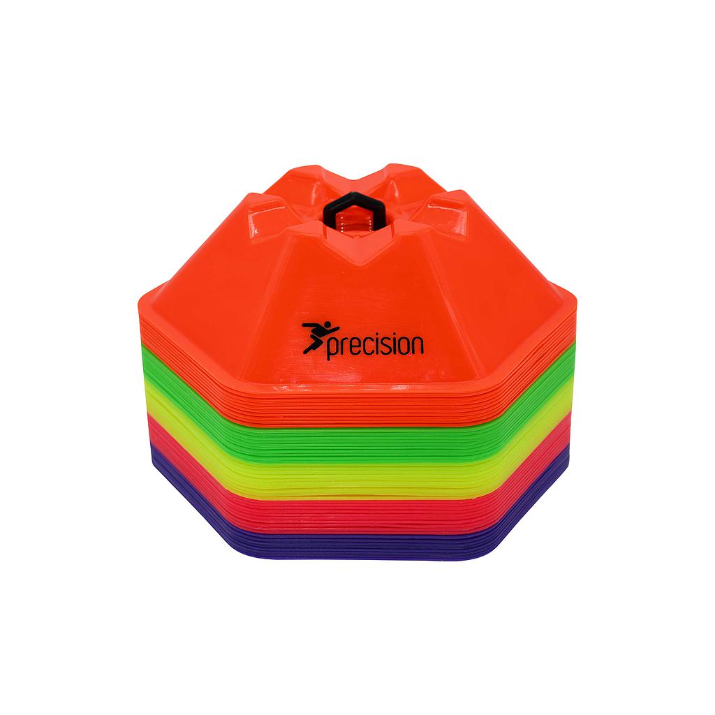 The Precision Pro HX Saucer Cones Set of 50 by Precision Training includes colorful, flexible octagonal cones (200mm diameter) in red, green, yellow, orange, and purple, stacked on a black handle; each cone features the Precision logo.