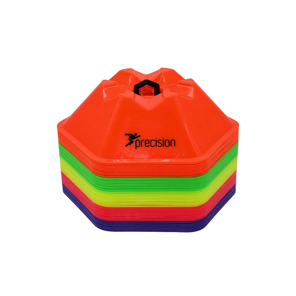 The Precision Pro HX Saucer Cones Set of 50 by Precision Training includes colorful, flexible octagonal cones (200mm diameter) in red, green, yellow, orange, and purple, stacked on a black handle; each cone features the Precision logo.