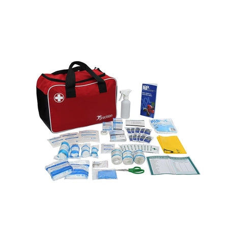 The Precision Training Precision Pro HX Team Medi Bag + Astro Medical Kit, red and black with a white cross, is shown with its contents—bandages, bottles, wipes, gloves, scissors, spray bottle & booklets—ideal for club medical use.