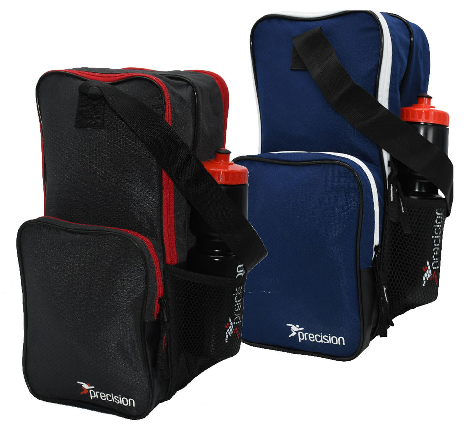 Two Precision Training Pro HX Shoe Bags—one black with red trim, one blue with white trim—feature durable bases, mesh side pockets for bottles, black shoulder straps, and "precision" on the front. Stylish, ideal for carrying sports shoes.