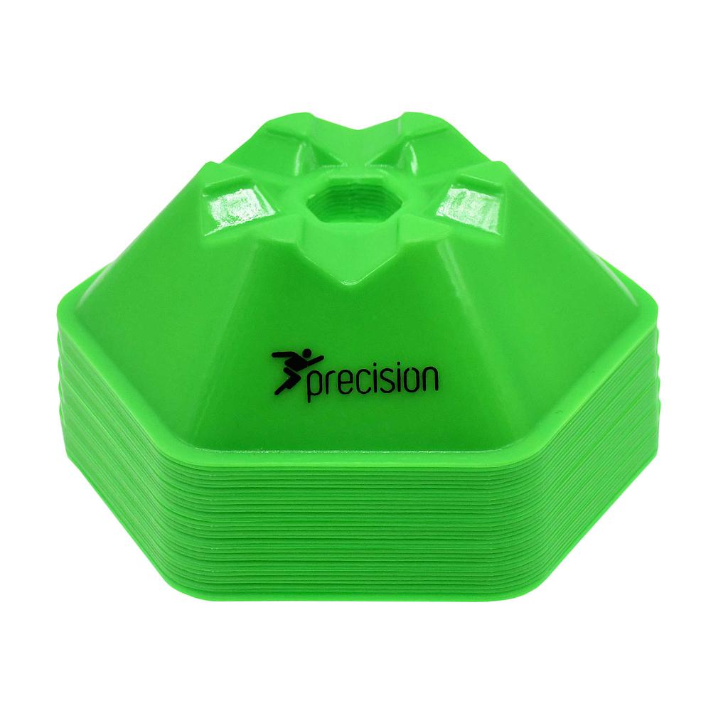 The Precision Training Pro HX Saucer Cones set includes 50 flexible, hexagonal, bright green plastic cones (200mm) with center holes, each showing the Precision brand logo in black on the side.