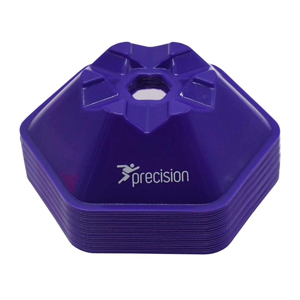 A set of 50 Precision Pro HX Saucer Cones by Precision Training, purple and hexagonal (200mm), made from flexible plastic with "precision" and a running figure logo printed in white on the side.