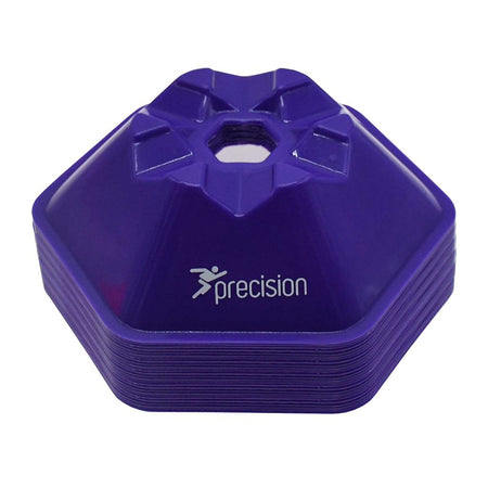 A set of 50 Precision Pro HX Saucer Cones by Precision Training, purple and hexagonal (200mm), made from flexible plastic with "precision" and a running figure logo printed in white on the side.