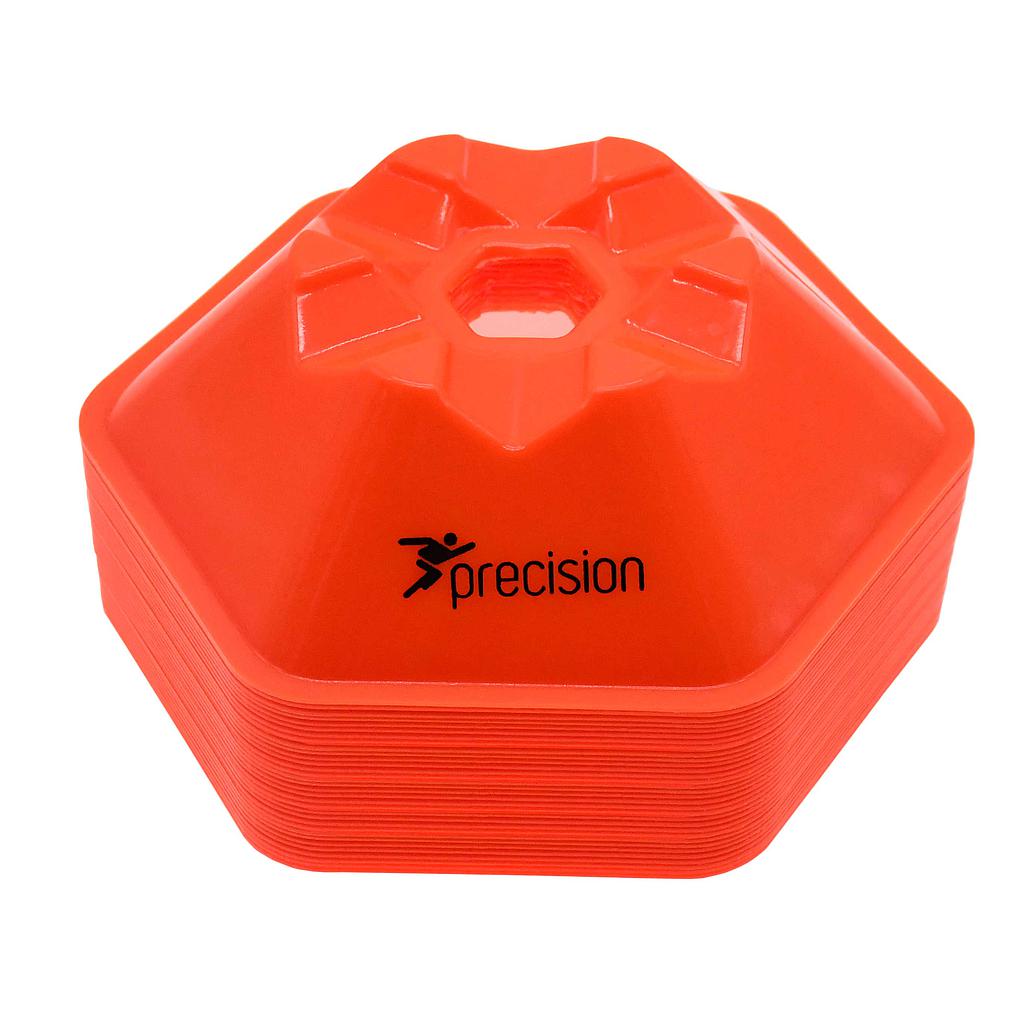 A set of 50 bright orange Precision Training Pro HX Saucer Cones, each 200mm tall with a hexagonal design and a black "precision" logo and figure on the front.