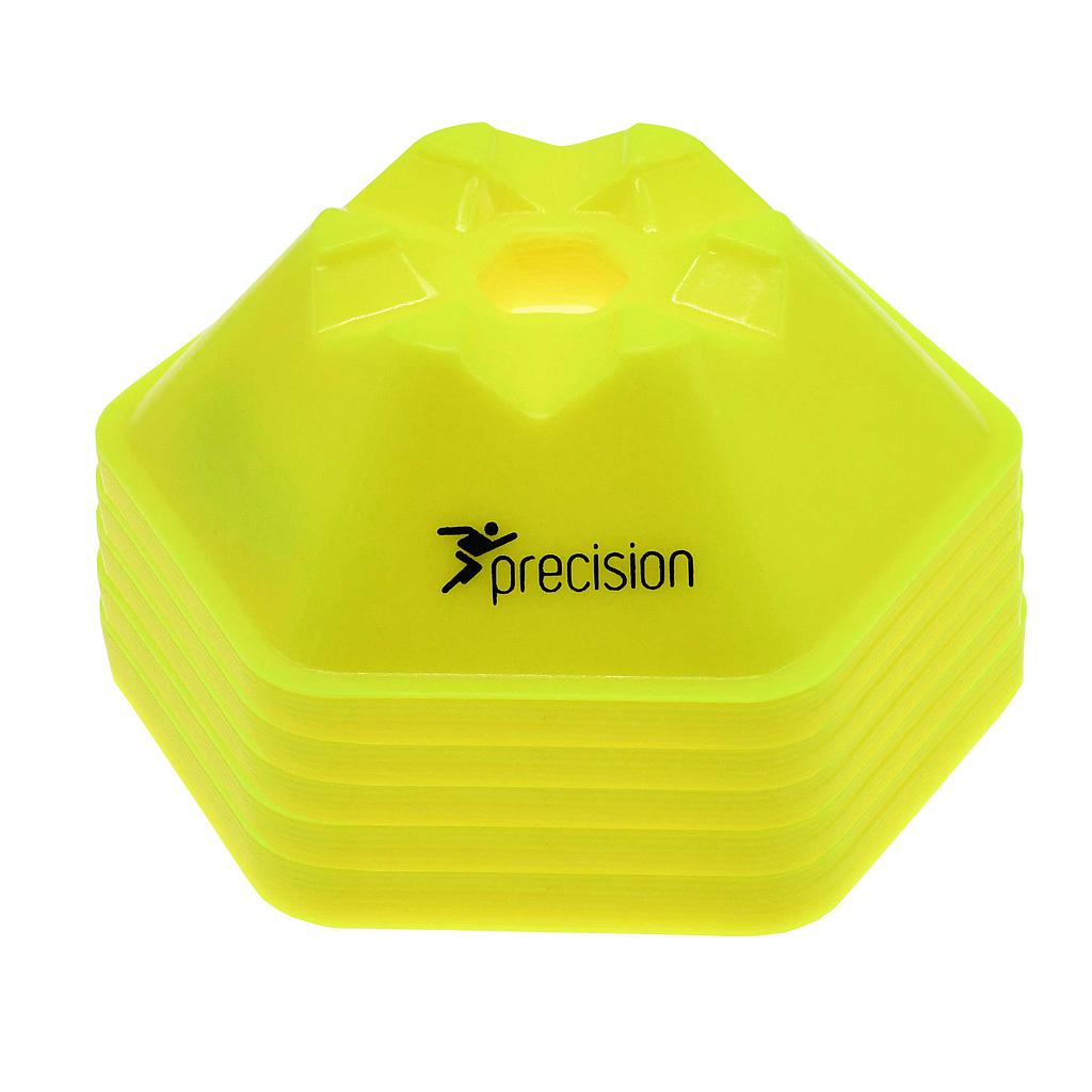A set of 50 Precision Pro HX Saucer Cones by Precision Training—bright yellow, hexagonal, flexible plastic, each 200mm wide with a small top hole and "precision" plus logo printed in black on the side.