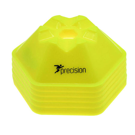 A set of 50 Precision Pro HX Saucer Cones by Precision Training—bright yellow, hexagonal, flexible plastic, each 200mm wide with a small top hole and "precision" plus logo printed in black on the side.