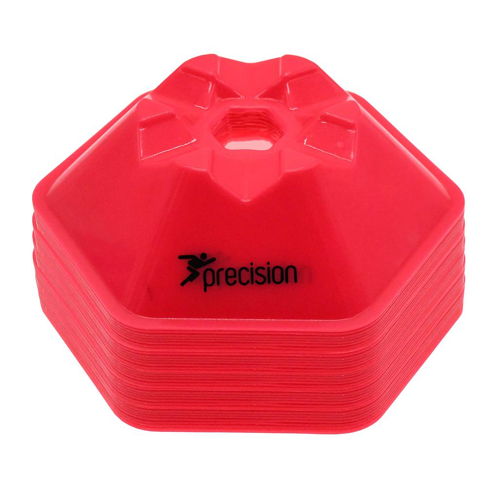 The Precision Training Pro HX Saucer Cones Set of 50 features red, hexagonal 200mm flexible plastic cones with a center hole and "precision" printed in black—perfect sports training aids for drills.