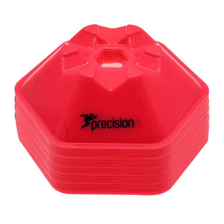 The Precision Training Pro HX Saucer Cones Set of 50 features red, hexagonal 200mm flexible plastic cones with a center hole and "precision" printed in black—perfect sports training aids for drills.