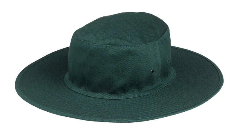 The Hunts County Woolhope CC Cricket Sunhat is a dark green, wide-brimmed fabric hat with a flat top and side ventilation eyelets, shown on a white background—ideal for Woolhope CC supporters.