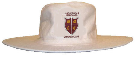 The Hatherley & Reddings CC Sun Hat by Martin Berrill Sports is a beige wide-brim cricket hat featuring the club logo with a maroon and gold shield and text above and below the emblem.
