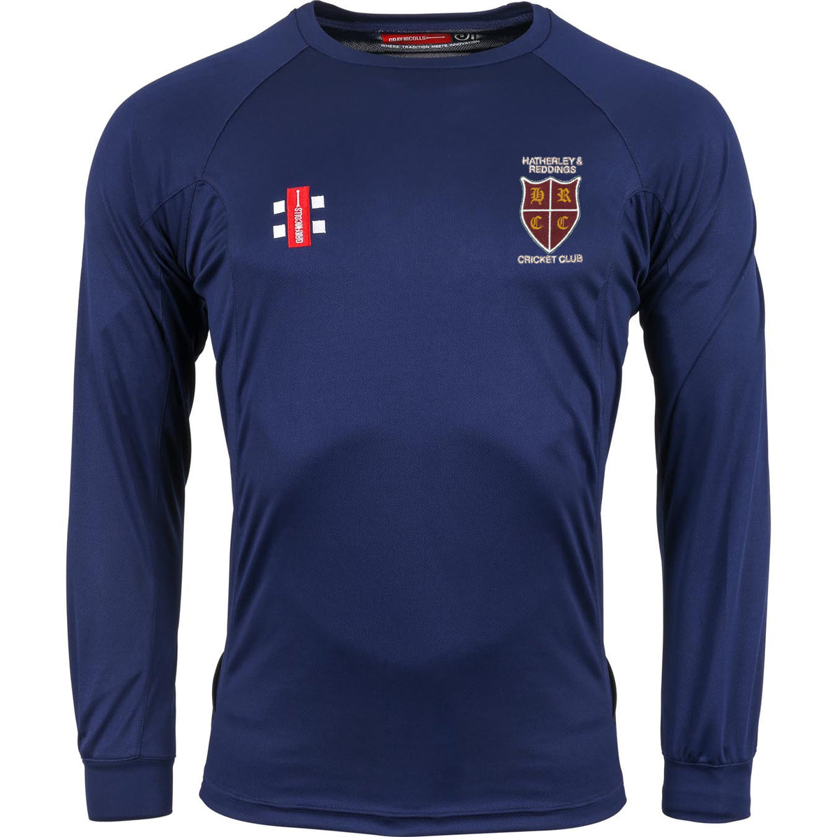 The Gray Nicolls Hatherley & Reddings CC Long Sleeve Matrix V2 Training Shirt is a navy, polyester, moisture-wicking cricket jersey with two chest logos: one with red and white bars, and the other a gold crest reading Hartley & Ridgmont Cricket Club.