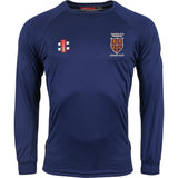 The Gray Nicolls Hatherley & Reddings CC Long Sleeve Matrix V2 Training Shirt is a navy, polyester, moisture-wicking cricket jersey with two chest logos: one with red and white bars, and the other a gold crest reading Hartley & Ridgmont Cricket Club.