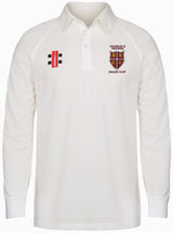 The Gray Nicolls Hatherley & Reddings CC Matrix V2 Long Sleeve Shirt in white has a collared, buttoned design, plus two chest badges: a red, black, and white rectangle and the Hatherley & Reddings Cricket Club crest.