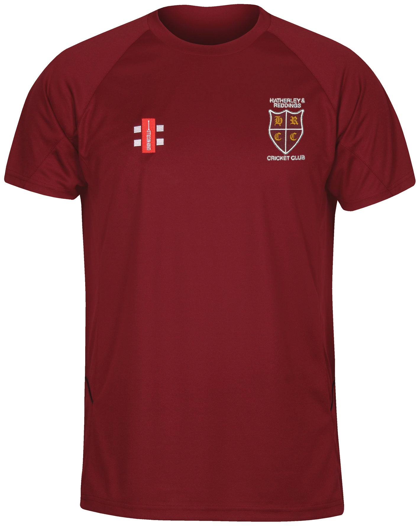 The Gray Nicolls Hatherley & Reddings CC Junior Matrix V2 T Shirt features moisture-wicking fabric, a small cricket emblem and club text on the left chest, plus a red-and-white cricket stumps logo on the right chest.