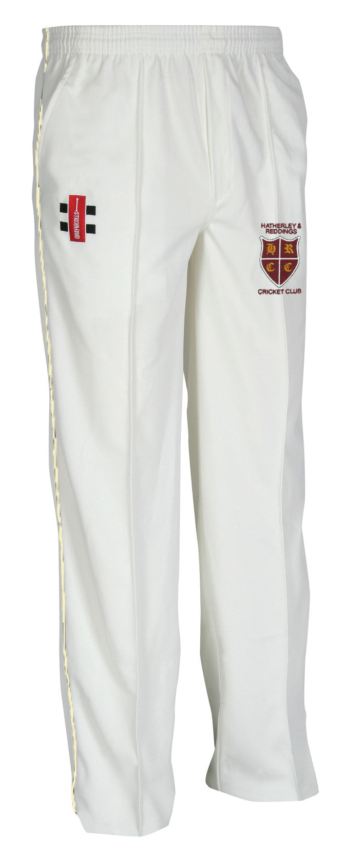 The Gray Nicolls Hatherley & Reddings CC Matrix V2 Cricket Trouser features a tapered fit, elastic waistband, and embroidered crests on the upper thighs. Designed for comfort and moisture control, shown upright against a plain background.