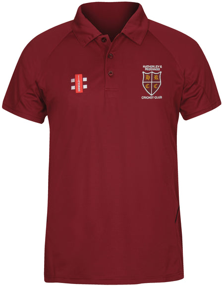 The Gray Nicolls Hatherley & Reddings CC Matrix V2 Polo Shirt in maroon features short sleeves, a collar, buttons, and the yellow and white club logo on the left chest. Moisture management keeps you comfortable on and off the field.