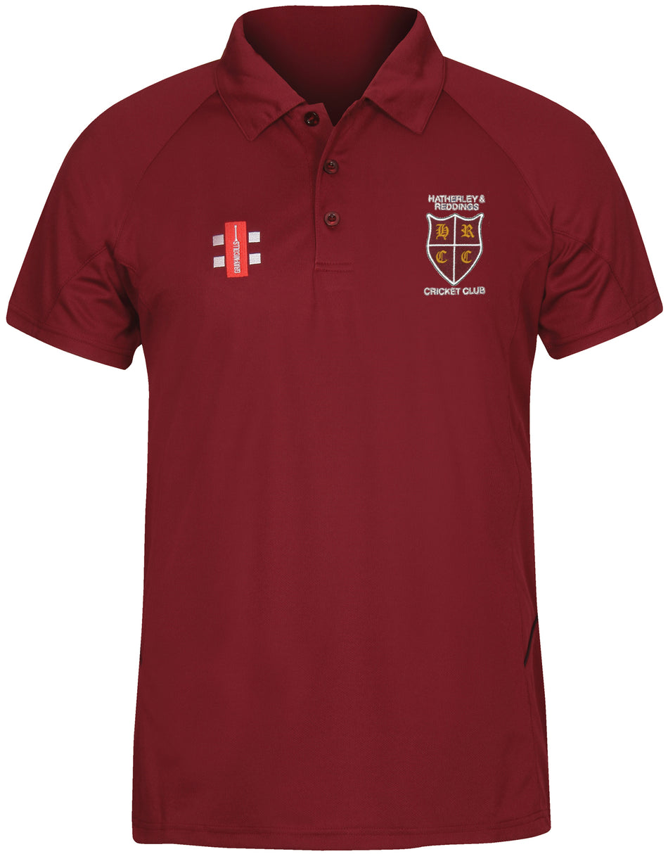 The Gray Nicolls Hatherley & Reddings CC Matrix V2 Polo Shirt in maroon features short sleeves, a collar, buttons, and the yellow and white club logo on the left chest. Moisture management keeps you comfortable on and off the field.
