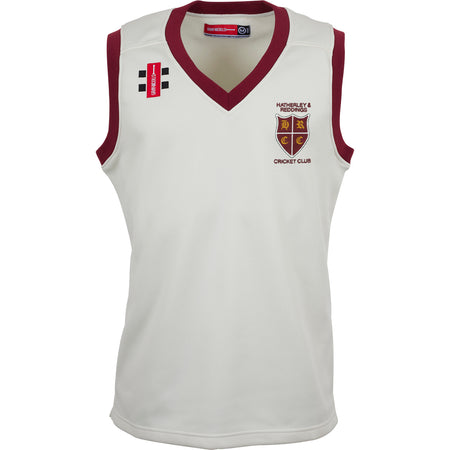 The Gray Nicolls Hatherley & Reddings CC Junior Pro Performance Slipover is a lightweight, sleeveless white jersey with maroon trim, featuring the club crest and chest logos—ideal for junior cricket players.