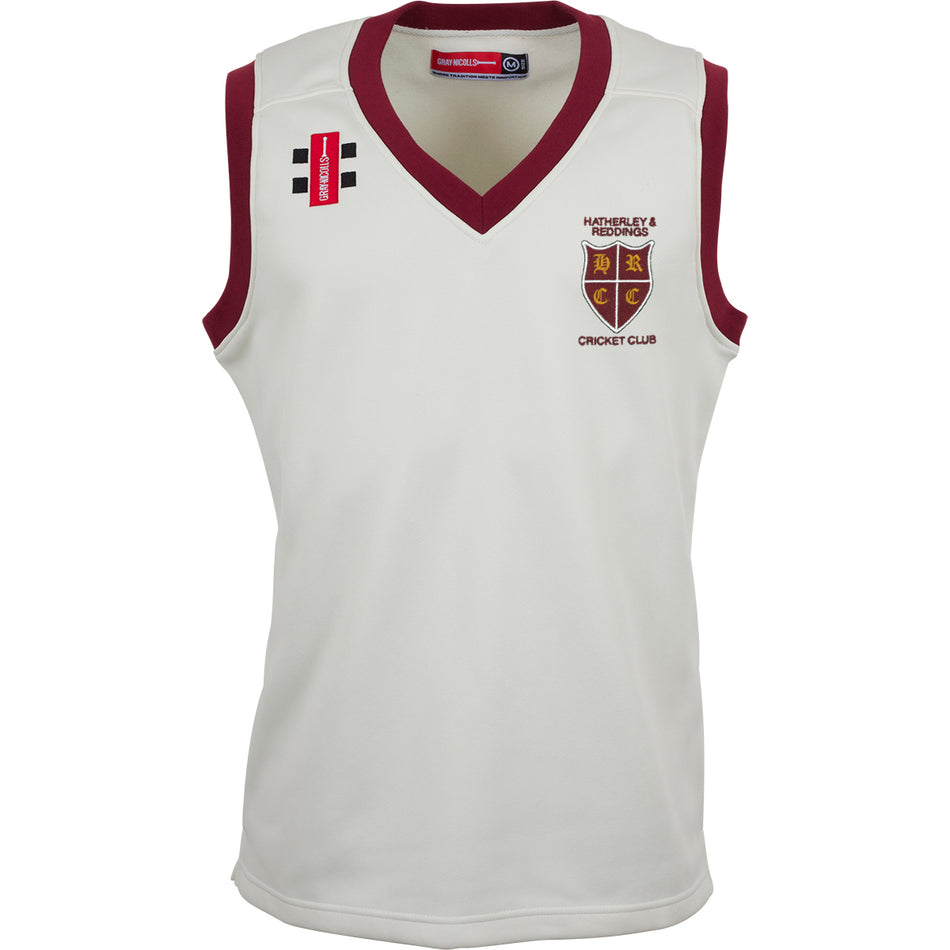 The Gray Nicolls Hatherley & Reddings CC Junior Pro Performance Slipover is a lightweight, sleeveless white jersey with maroon trim, featuring the club crest and chest logos—ideal for junior cricket players.