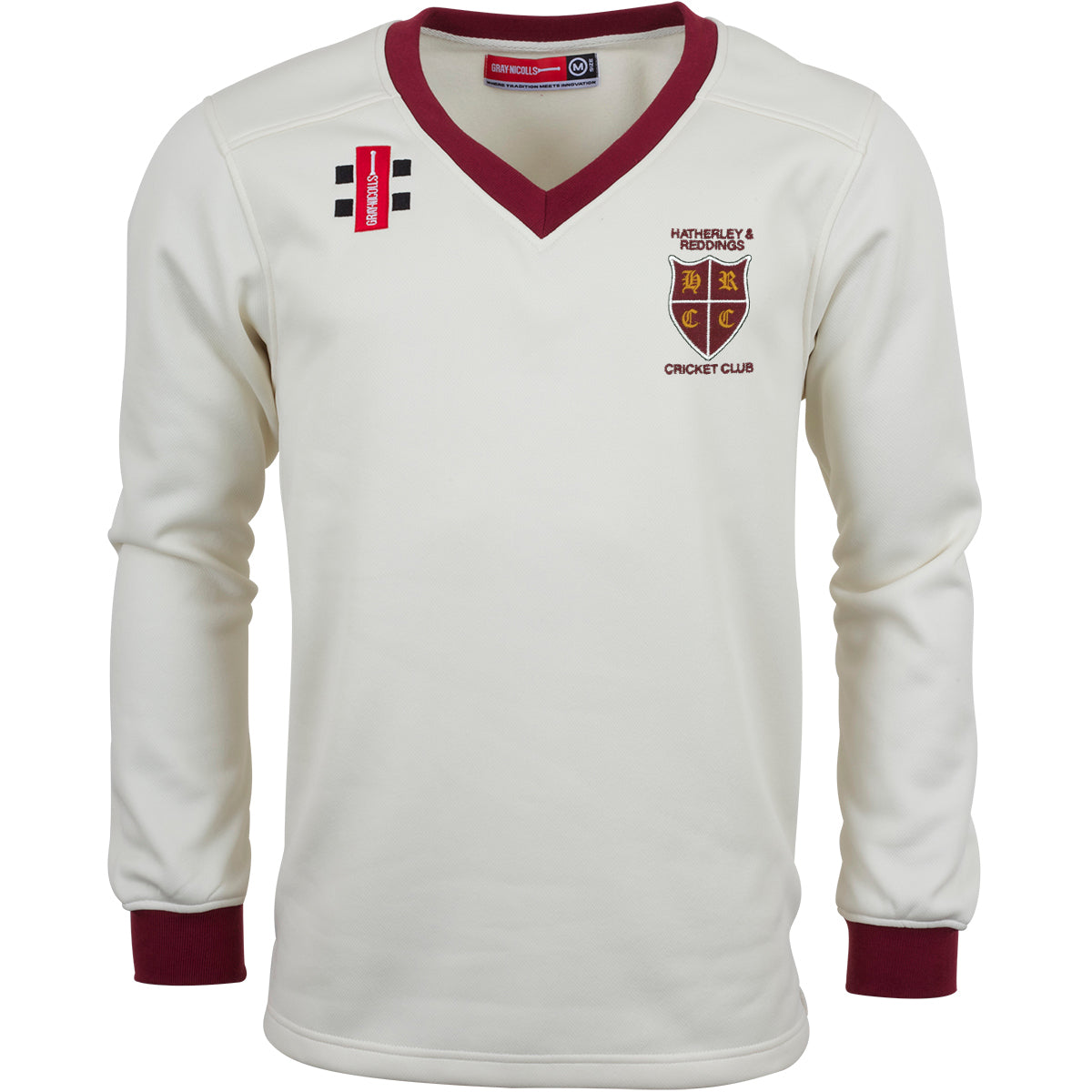 The Gray Nicolls Hatherley & Reddings CC Pro Performance Sweater is white with maroon cuffs/collar, lightweight fleece feel, and features an embroidered club crest plus sponsor logos on the front.