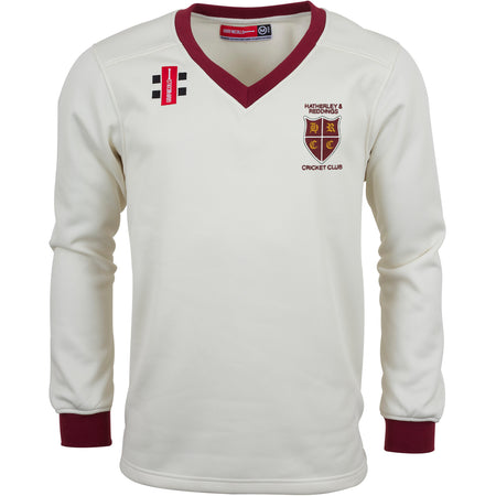 The Gray Nicolls Hatherley & Reddings CC Pro Performance Sweater is white with maroon cuffs/collar, lightweight fleece feel, and features an embroidered club crest plus sponsor logos on the front.