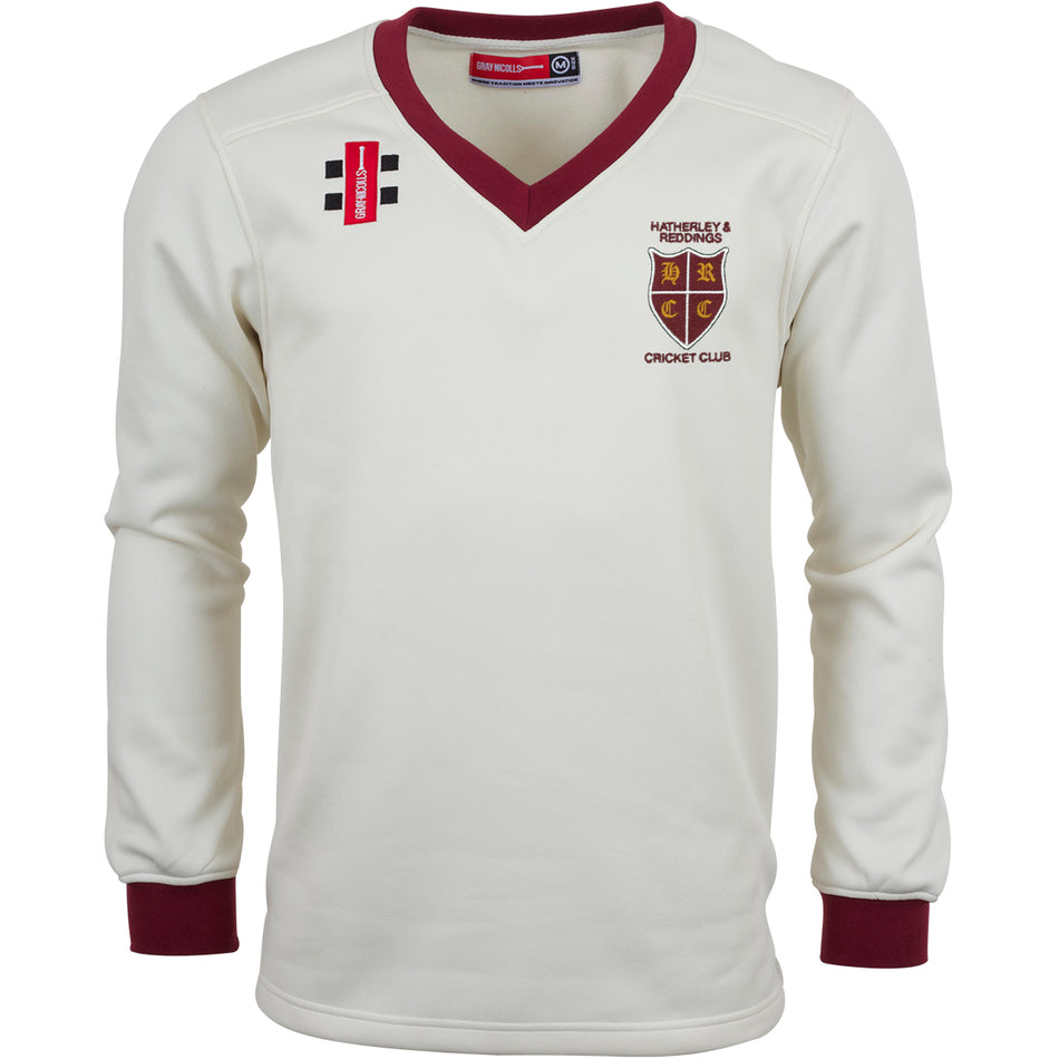 The Gray Nicolls Hatherley & Reddings CC Pro Performance Sweater is white with maroon cuffs/collar, lightweight fleece feel, and features an embroidered club crest plus sponsor logos on the front.