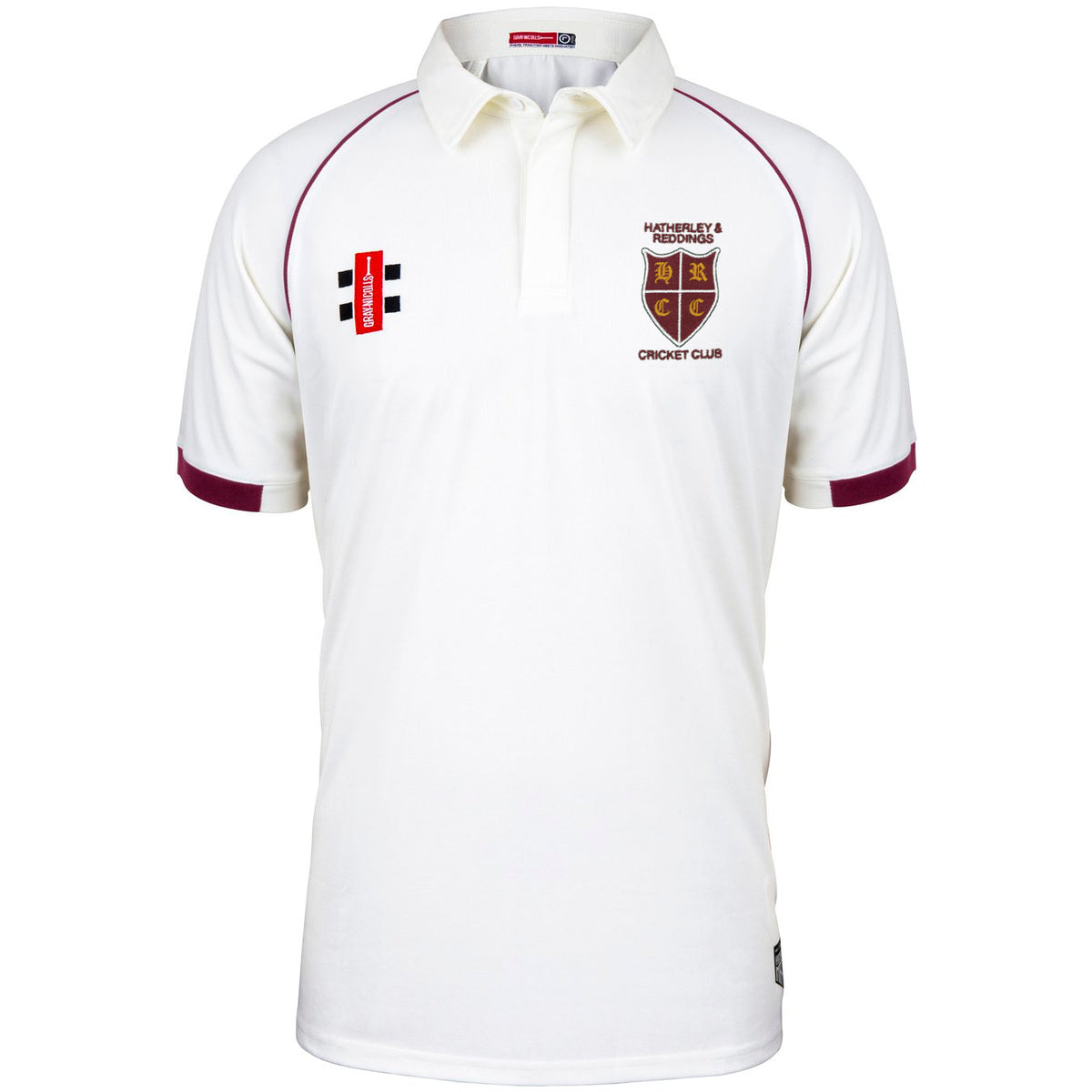 A white Hatherley & Reddings CC Matrix V2 Short Sleeve Match Shirt by Martin Berrill Sports, featuring maroon trim, moisture-wicking fabric, embroidered logos, and the club crest on the chest.