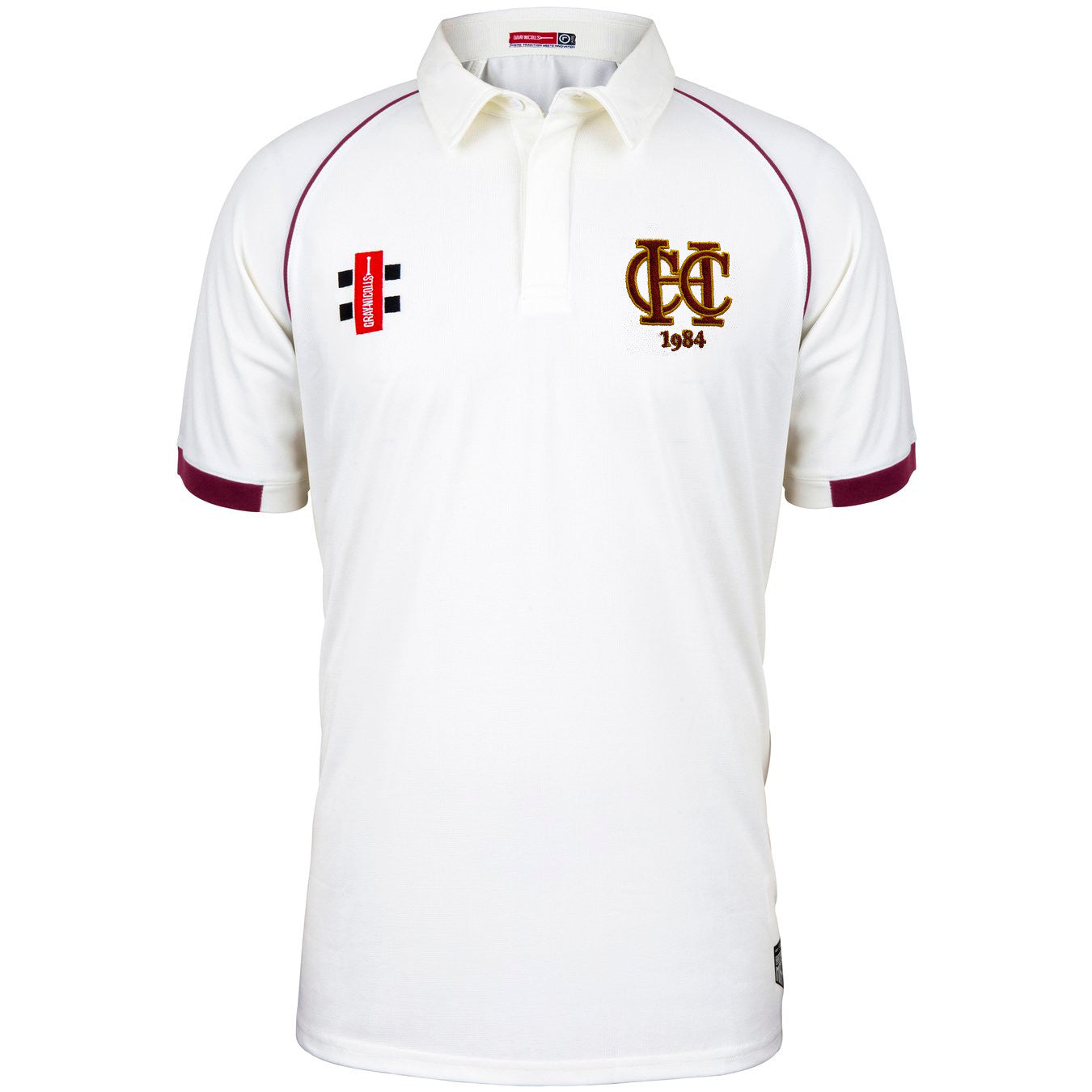 The Martin Berrill Sports Hawkesbury Upton CC Matrix V2 Short Sleeve Match Shirt features maroon-trimmed sleeves, an embroidered MCC 1934 logo, and a Gray Nicolls emblem—ideal for any Matrix V2 shirt collection.