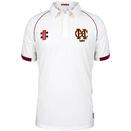 The Martin Berrill Sports Hawkesbury Upton CC Matrix V2 Short Sleeve Match Shirt features maroon-trimmed sleeves, an embroidered MCC 1934 logo, and a Gray Nicolls emblem—ideal for any Matrix V2 shirt collection.