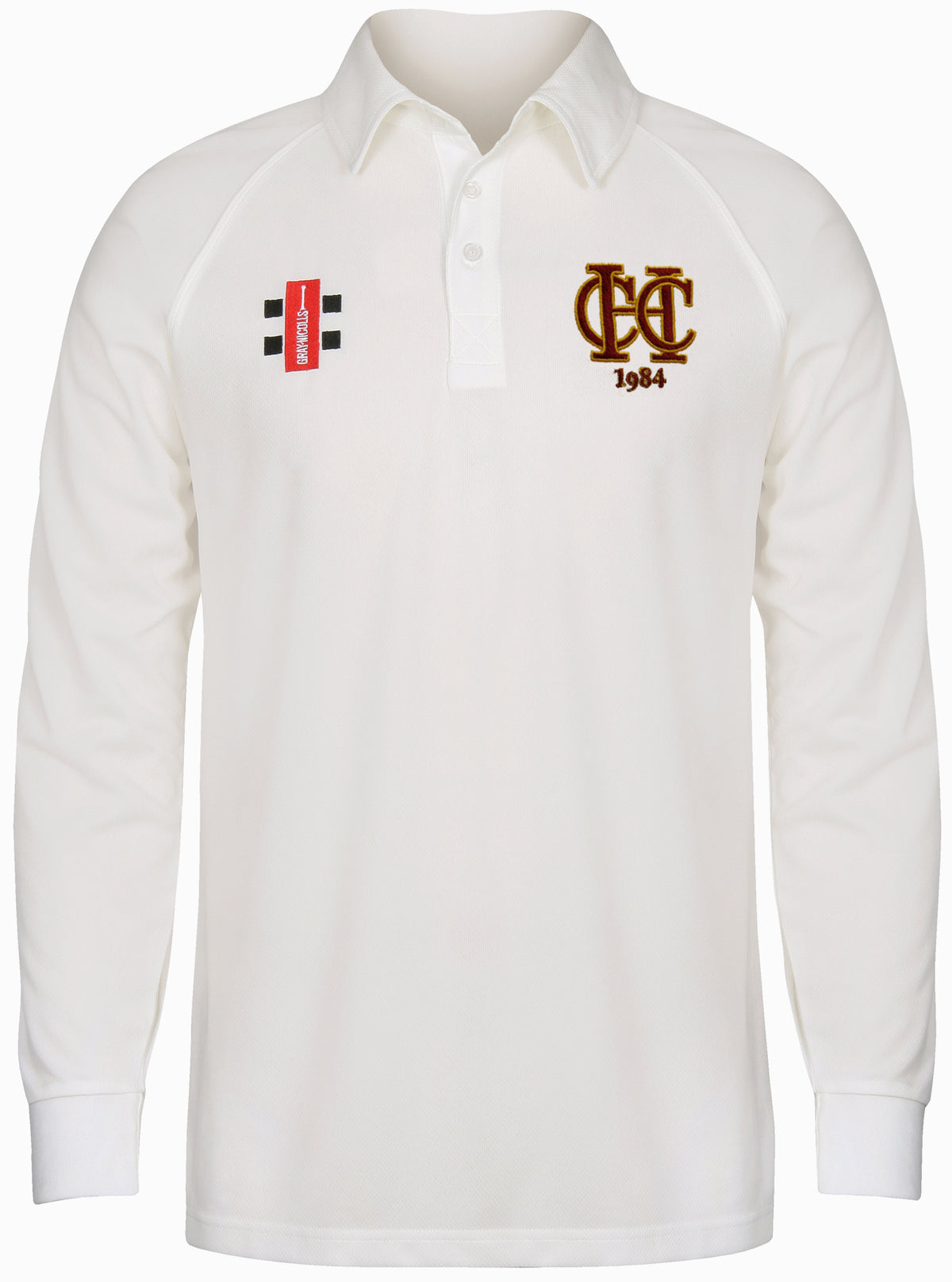 The Gray Nicolls Hawkesbury Upton CC Matrix V2 Junior Long Sleeve Shirt features a white, moisture-wicking fabric, buttoned collar, embroidered CEC 1984 logo left chest, and red/black patch right side—ideal for Hawkesbury Upton CC players.