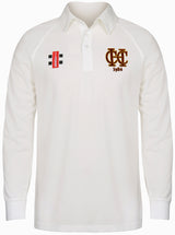The Gray Nicolls Hawkesbury Upton CC Matrix V2 Junior Long Sleeve Shirt features a white, moisture-wicking fabric, buttoned collar, embroidered CEC 1984 logo left chest, and red/black patch right side—ideal for Hawkesbury Upton CC players.