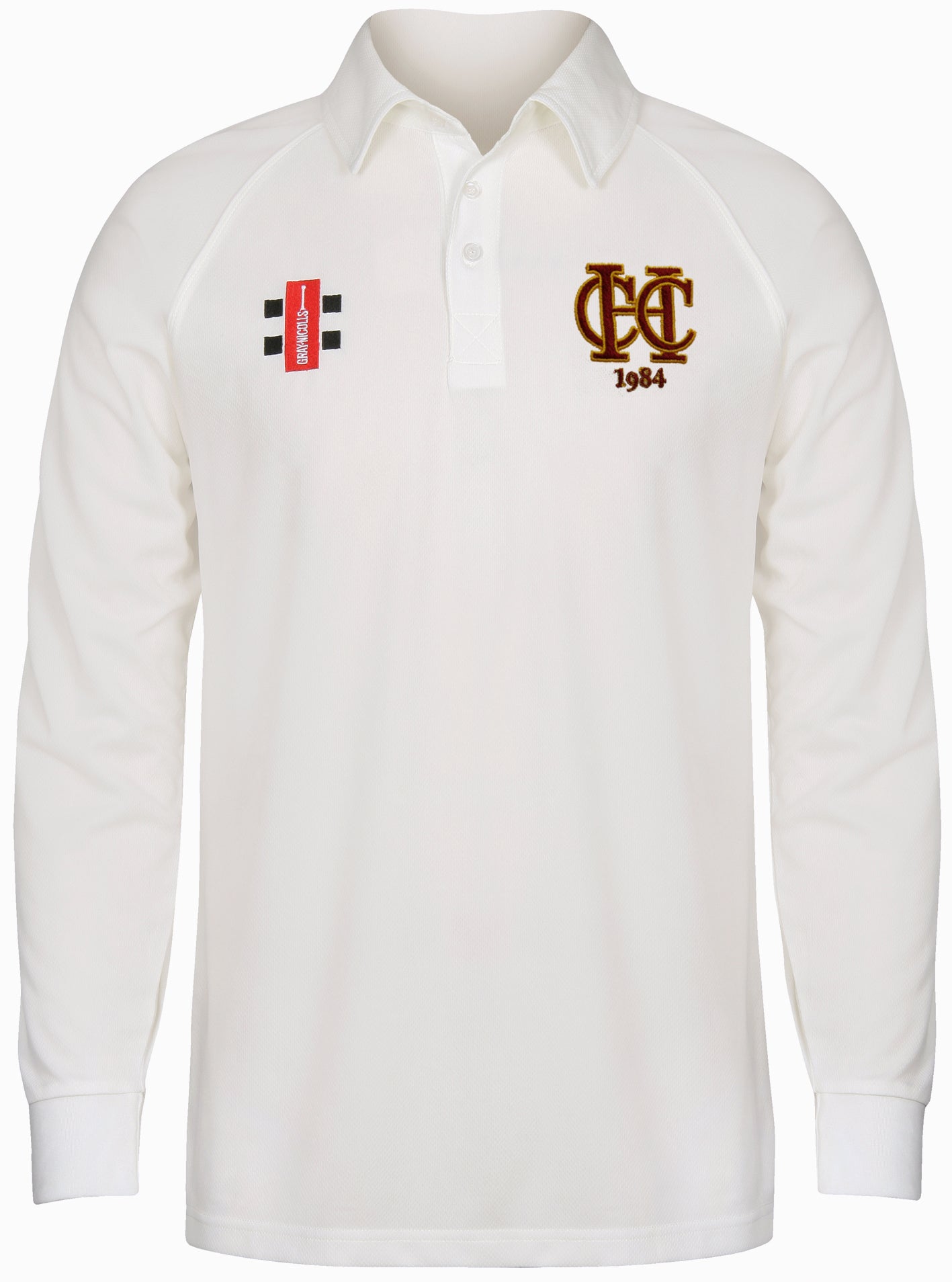 The Gray Nicolls Hawkesbury Upton CC Matrix V2 Junior Long Sleeve Shirt features a white, moisture-wicking fabric, buttoned collar, embroidered CEC 1984 logo left chest, and red/black patch right side—ideal for Hawkesbury Upton CC players.