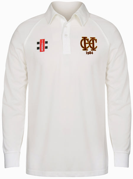 The Gray Nicolls Hawkesbury Upton CC Matrix V2 Junior Long Sleeve Shirt features a white, moisture-wicking fabric, buttoned collar, embroidered CEC 1984 logo left chest, and red/black patch right side—ideal for Hawkesbury Upton CC players.