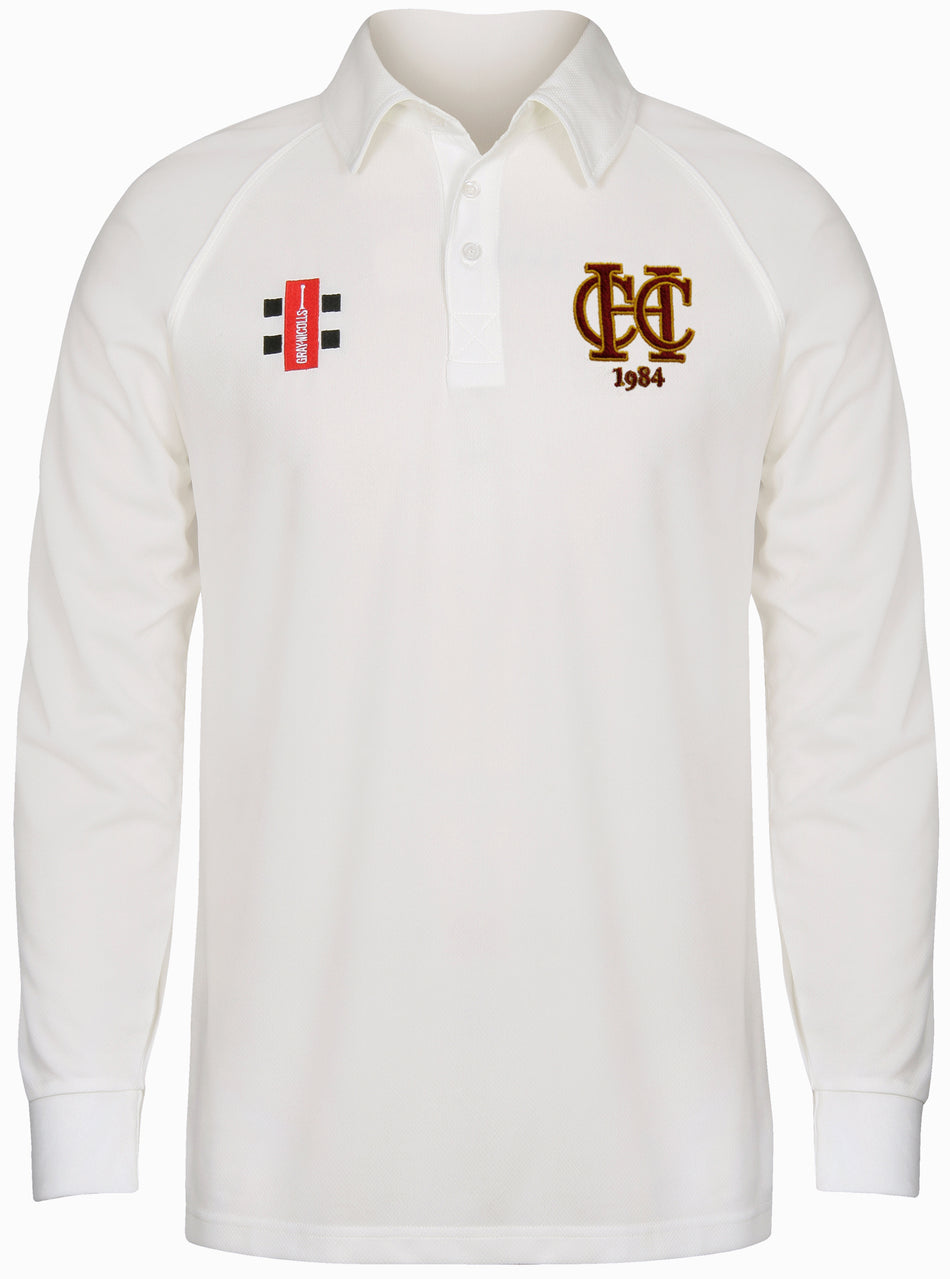 The Gray Nicolls Hawkesbury Upton CC Matrix V2 Junior Long Sleeve Shirt features a white, moisture-wicking fabric, buttoned collar, embroidered CEC 1984 logo left chest, and red/black patch right side—ideal for Hawkesbury Upton CC players.