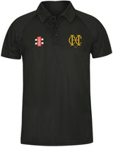 The Gray Nicolls Hawkesbury Upton CC Matrix V2 Junior Polo Shirt is a navy short-sleeve polo with a collar, ideal for active training. It features moisture management, a gold "C C" logo on the left chest, and a red and white rectangular logo on the right chest.