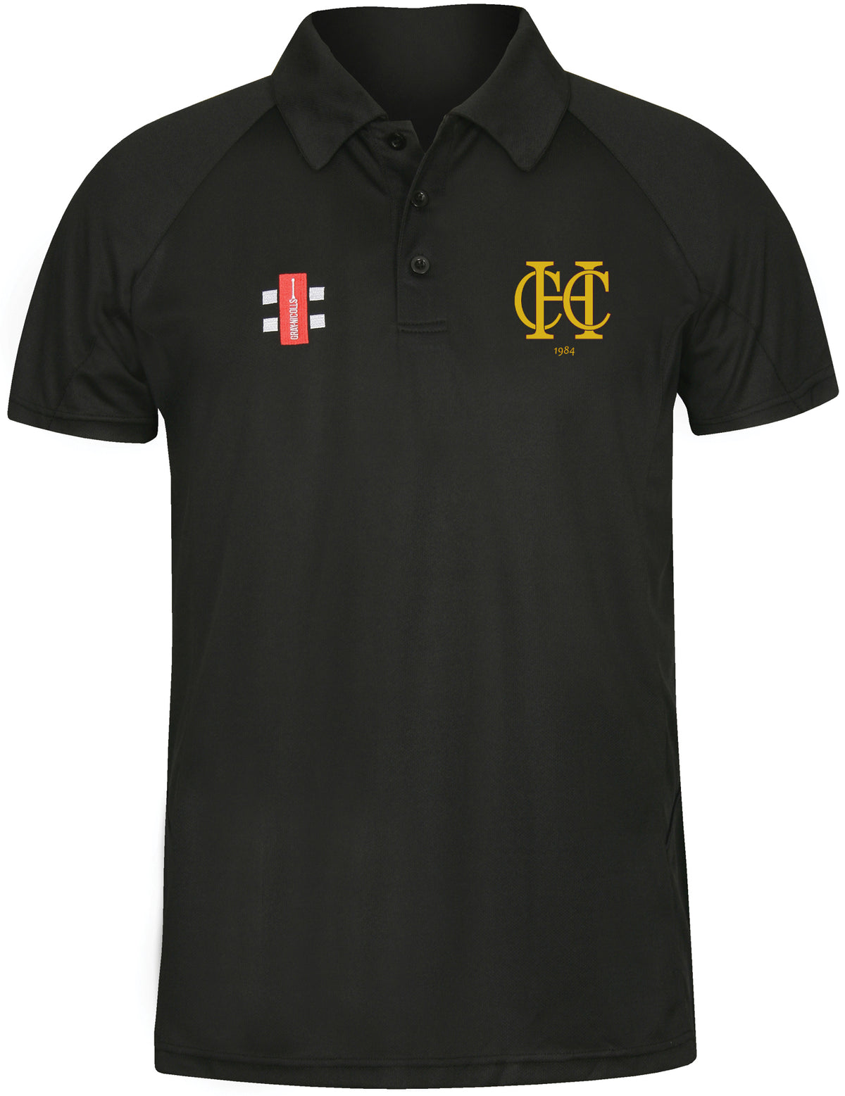The Hawkesbury Upton CC Matrix V2 Polo Shirt by Gray Nicolls is a black, short-sleeve polo with collar, buttons, gold CC monogram and 1974 on the left chest, red/white logo on the right, designed for active training and moisture management.