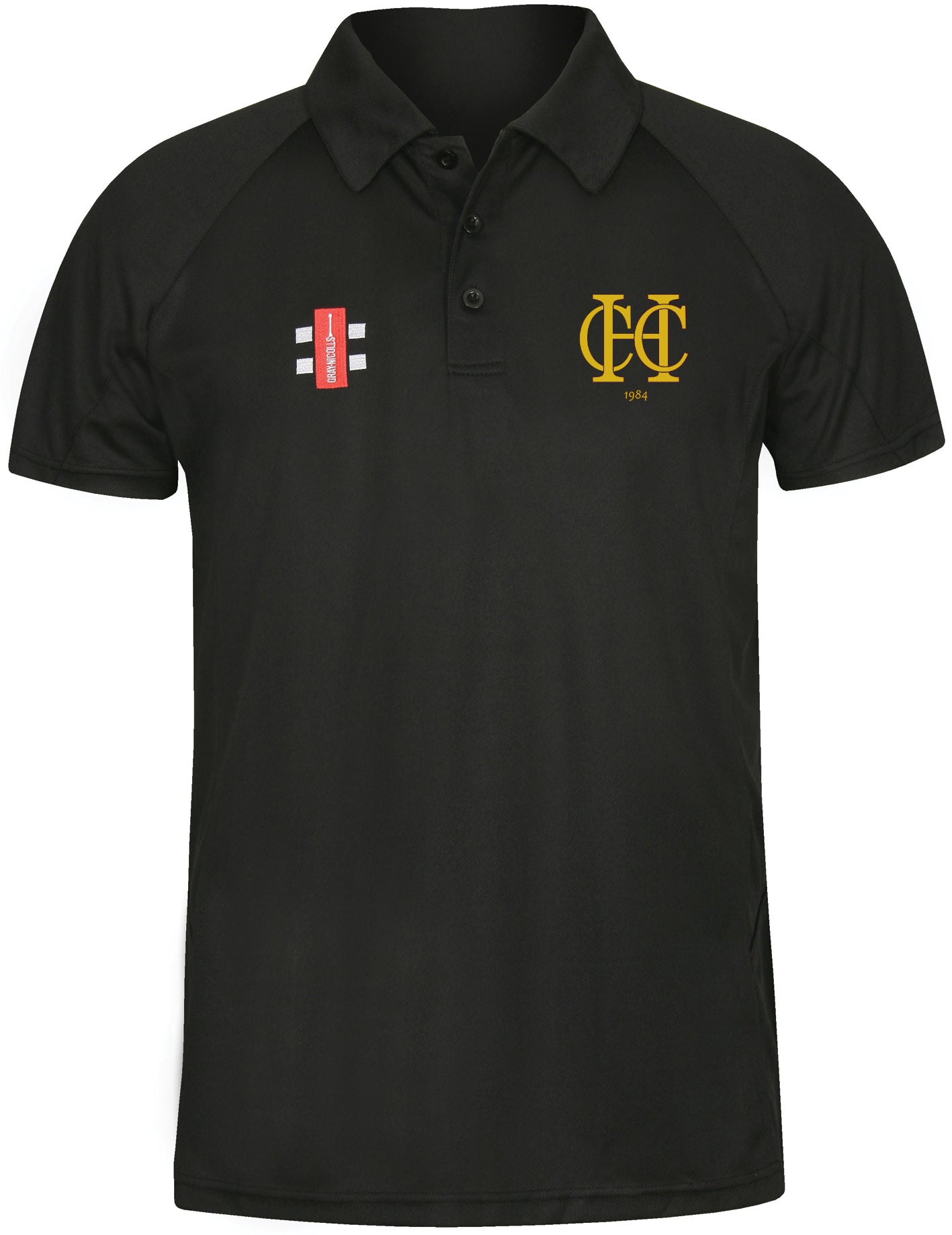 The Hawkesbury Upton CC Matrix V2 Polo Shirt by Gray Nicolls is a black, short-sleeve polo with collar, buttons, gold CC monogram and 1974 on the left chest, red/white logo on the right, designed for active training and moisture management.