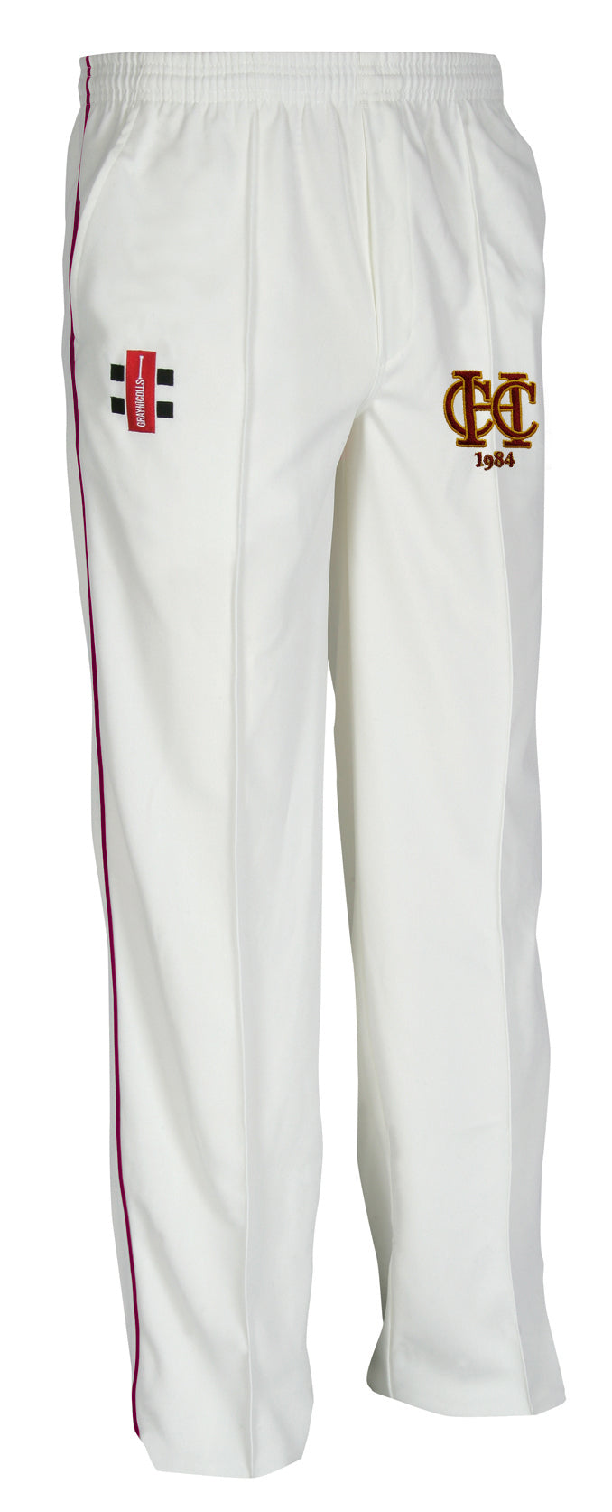The Gray Nicolls Hawkesbury Upton CC Matrix V2 Junior Cricket Trouser features a maroon stripe, CCT 1984 embroidered logo on the right thigh, and a red/black patch on the left thigh with moisture control for comfort.
