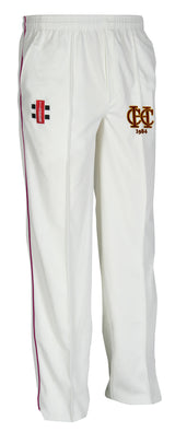 The Gray Nicolls Hawkesbury Upton CC Matrix V2 Junior Cricket Trouser features a maroon stripe, CCT 1984 embroidered logo on the right thigh, and a red/black patch on the left thigh with moisture control for comfort.