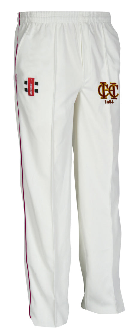 The Gray Nicolls Hawkesbury Upton CC Matrix V2 Junior Cricket Trouser features a maroon stripe, CCT 1984 embroidered logo on the right thigh, and a red/black patch on the left thigh with moisture control for comfort.
