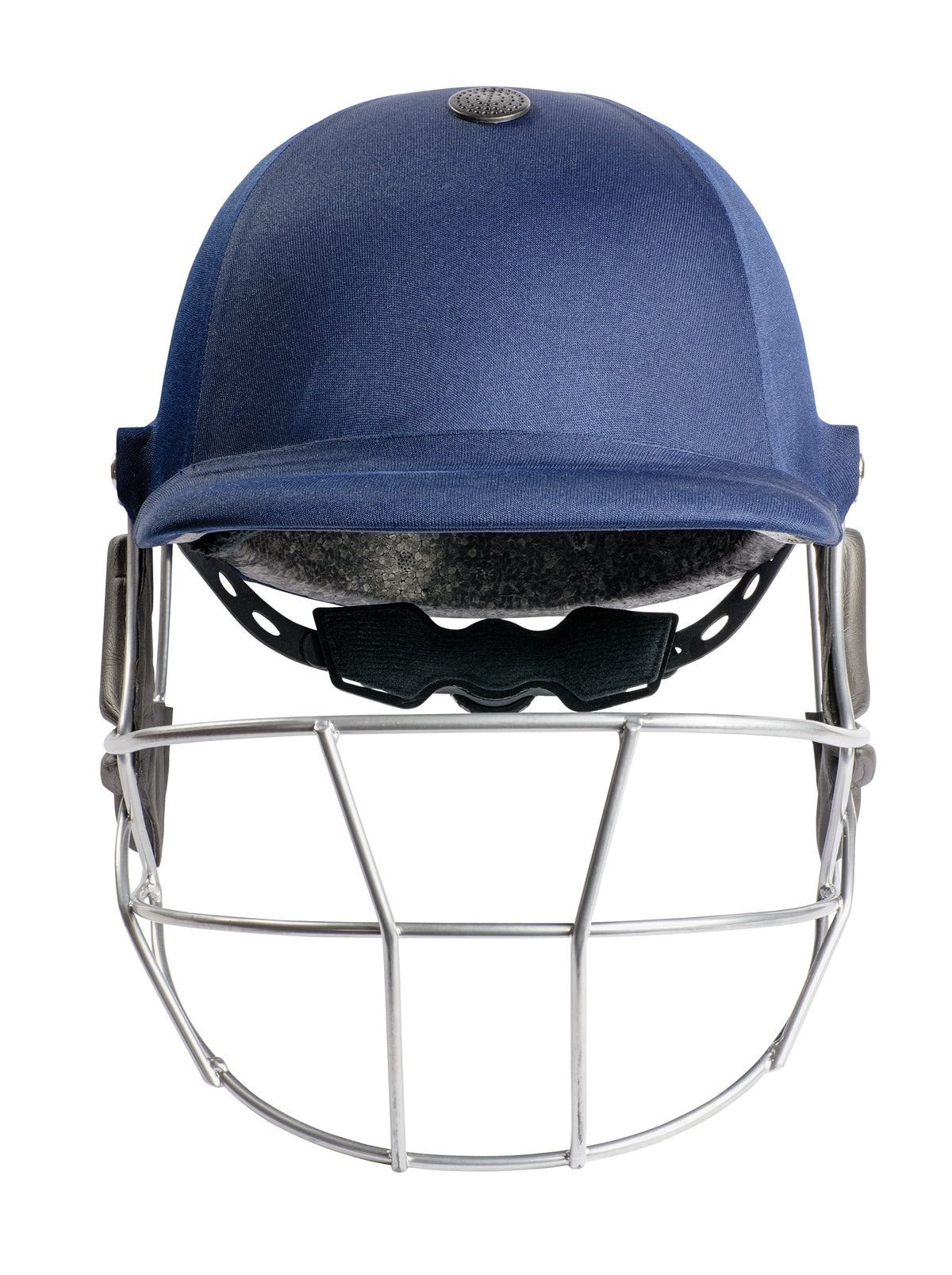 The Hunts County Xero Cricket Helmet by Martin Berrill Sports is a blue, adjustable helmet with a metal face guard, offering superior head protection. Shown from the front against a white background.