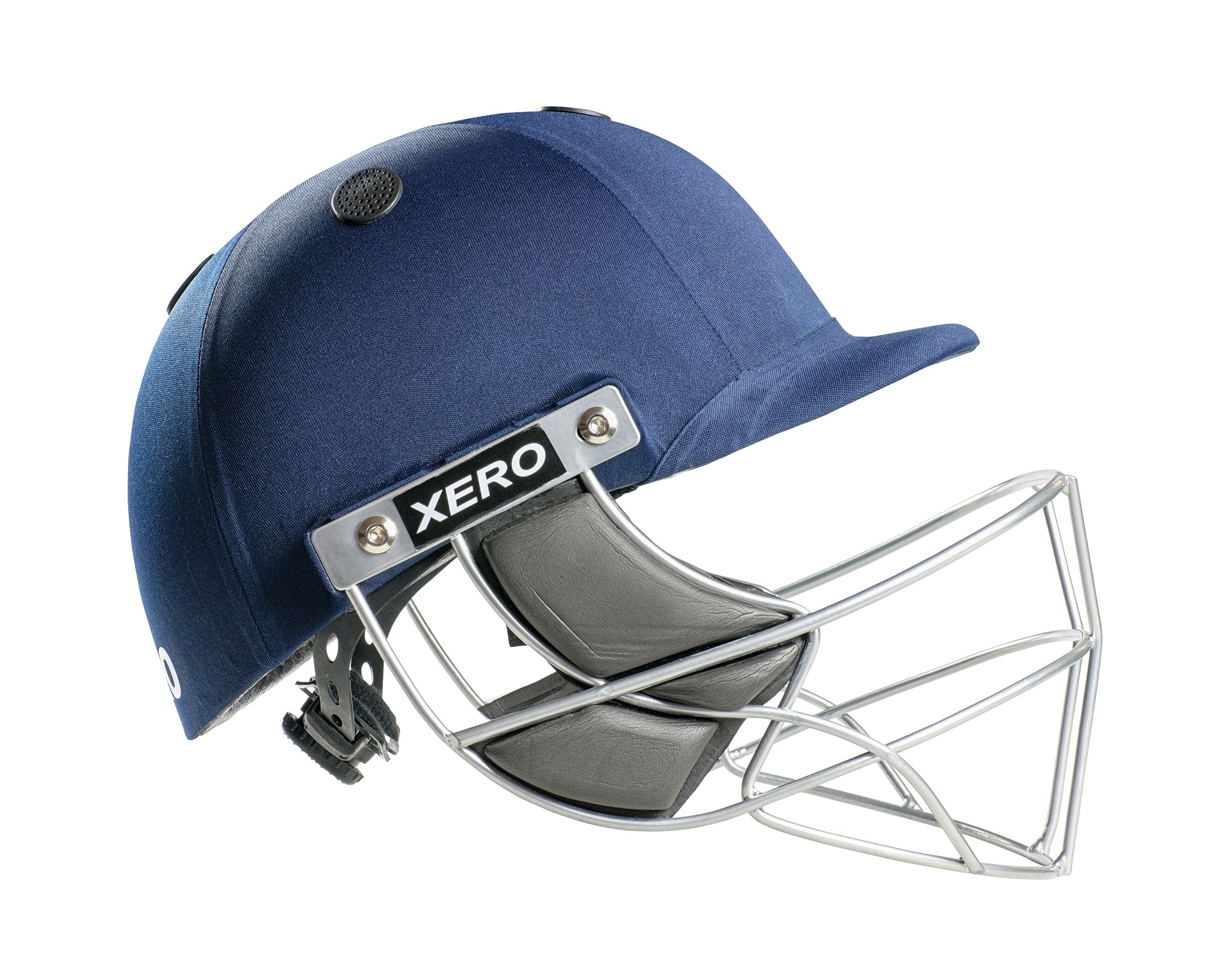 The Hunts County Xero Cricket Helmet by Martin Berrill Sports features a blue adjustable design, metal faceguard, black chin strap, and "XERO" printed on the front. Shown against a white background for superior head protection.