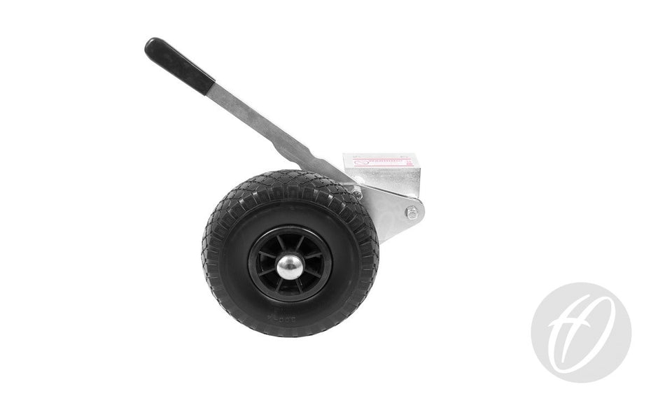 A set of 8 black Hi-Raise Wheels by Harrod Sport for the Euro Portagoal, each with a puncture-proof design, metal bracket, and upward-angled handle. The image shows all wheels on a white background with a subtle light gray logo bottom right.