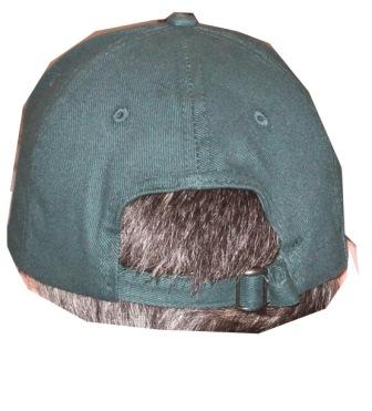 The Martin Berrill Sports Highnam Court CC Baseball Cap is a dark green cap with the club logo, seen from the back, featuring attached fake brown and gray hair sticking out above the adjustable strap.