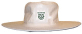 The Highnam Court CC Fielders Sun Hat by Martin Berrill Sports is a white wide-brimmed cricket hat with a green embroidered emblem featuring stars and a shield—ideal for Highnam Court CC players.