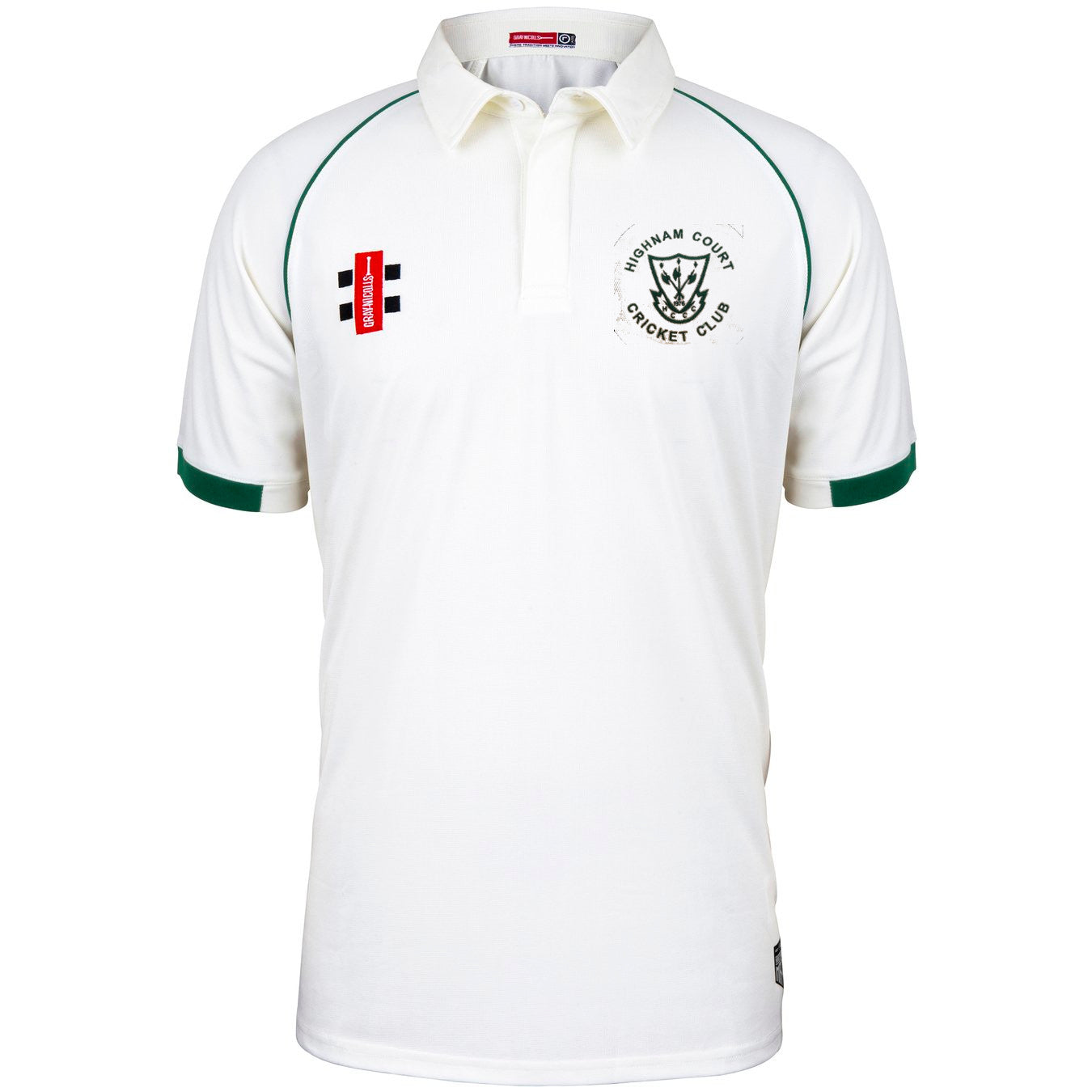 The Martin Berrill Sports Highnam Court CC Matrix V2 Short Sleeve Match Shirt is white, features a collar, green trim on the sleeves, and two chest logos: HIGHNAM COURT CRICKET CLUB and a rectangular Gray Nicolls logo in red and black.
