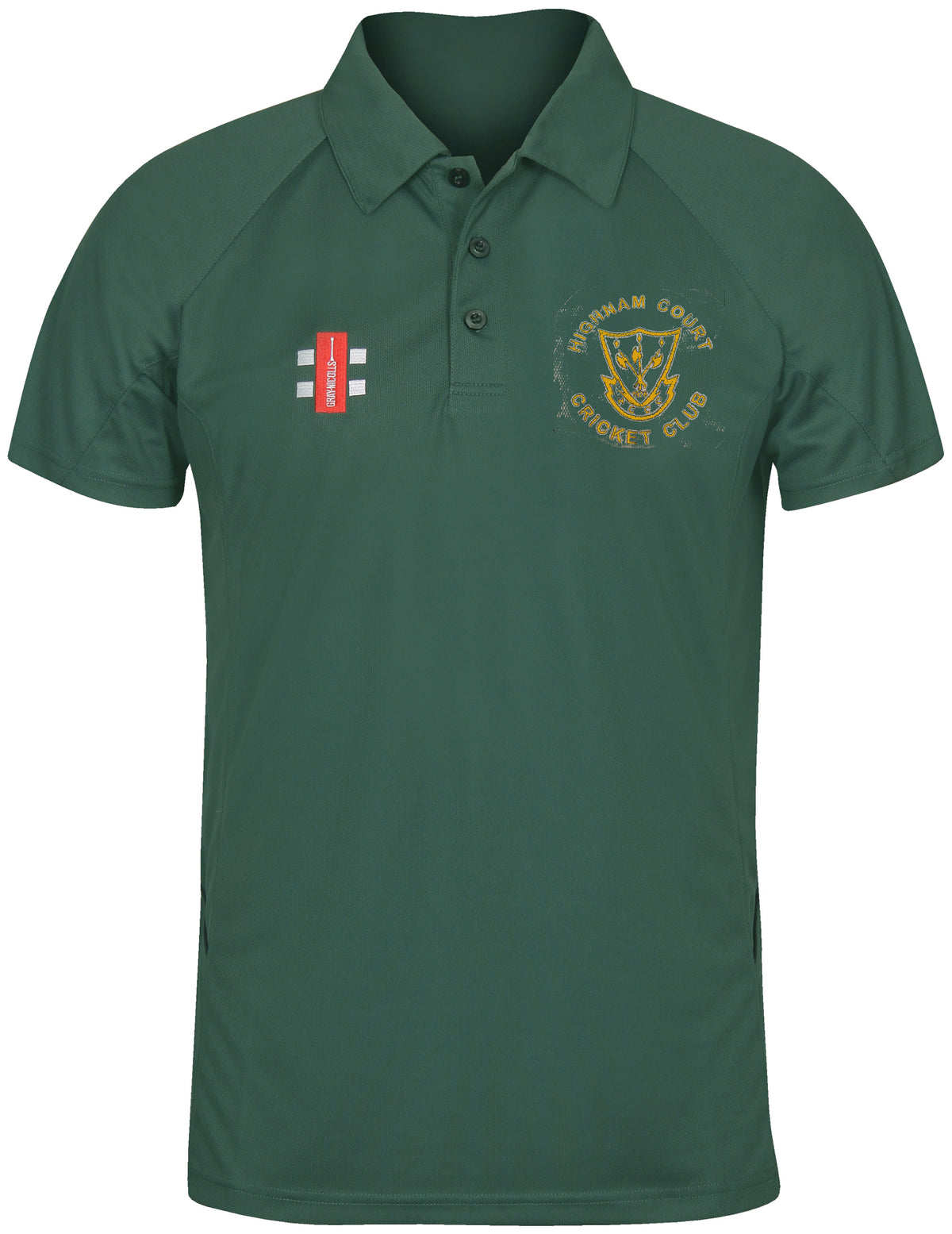 The Gray Nicolls Highnam Court CC Matrix V2 Polo Shirt is dark green with the club’s yellow logo and crest on the left chest, moisture wicking fabric for training, and a small red patch with white lines on the right chest.