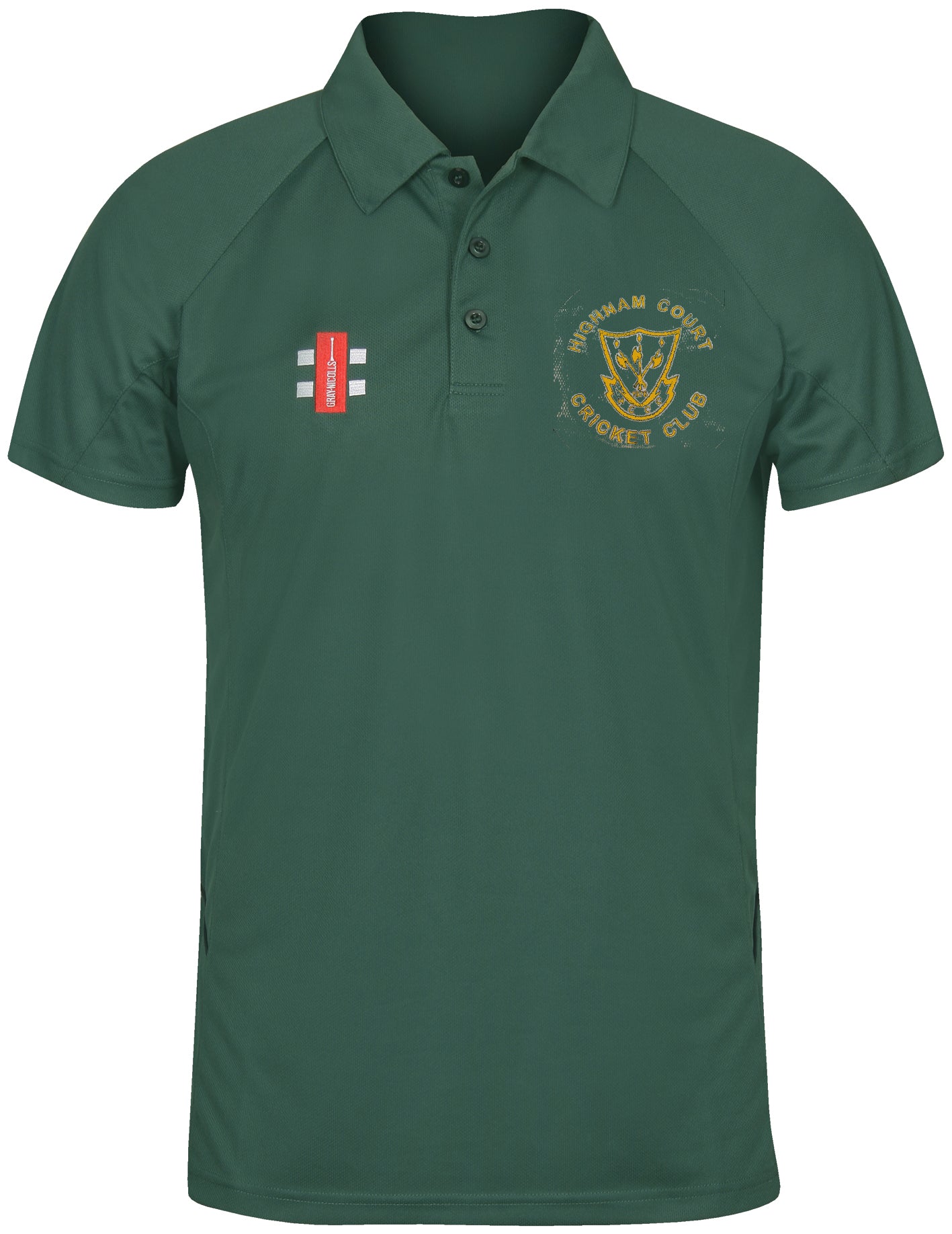 The Gray Nicolls Highnam Court CC Matrix V2 Polo Shirt is dark green with the club’s yellow logo and crest on the left chest, moisture wicking fabric for training, and a small red patch with white lines on the right chest.